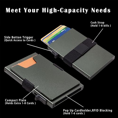 Image of Minimalist Mens Card Holder Wallet, RFID Blocking Slim Smart Pop Up Aluminum Wallet,Holds 12+ Cards,Expandable Compact Plate,Cash Strap /Money Clip (Olive Green)