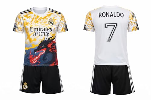 Image of Real Madrd New Season Dragon Print Kids Football Jersey Set | T-Shirt & Shorts for Boys | Sportswear for Football Playing & Fan Wear | Yellow Red