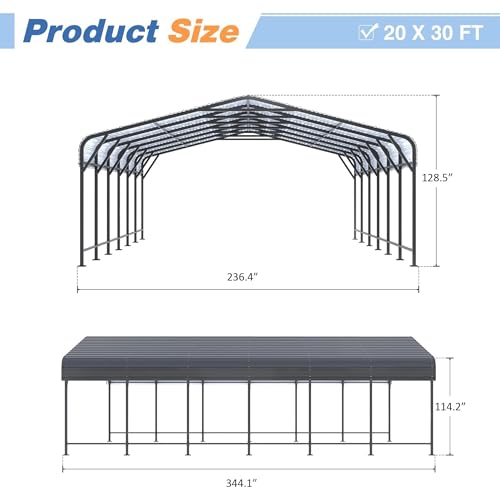 Image of AirWire 20x30 FT Metal Carport, Heavy Duty Car Port Canopy with Reinforced Base and Galvanized Steel Roof & Frame, 2 Car Garage Shelter for Car, Boats and Trucks