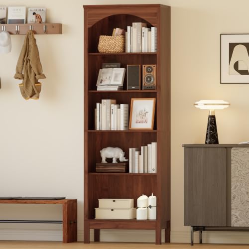 Image of 71 inch H Tall Bookshelf & Bookcase, Arched Book Shelf with 5-Tier Open Shelves, Walnut