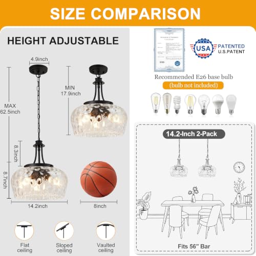 Image of Modern Pendant Lights Kitchen Island, 3-Light Black Pendant Light Fixtures with 14.2 inch Clear Hammered Glass Shade, Industrial Hanging Pendant Lights Fixture for Kitchen Island, Dining Room, Entryway