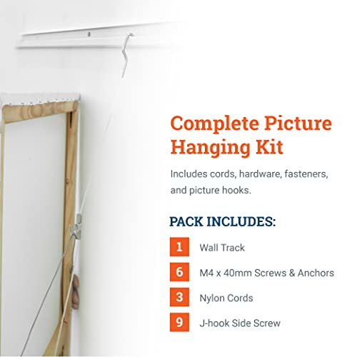 Image of Picture Rail Hanging System Covers 79 Inches | Gallery Wall Hanging System Includes TR101 Picture Rail Track, Nylon Cord, Adjustable Hooks, and Hardware- 1 Pack for Gallery or Home