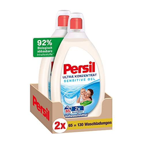 Persil Ultra Konzentrat Sensitive Gel Waschmittel (2 x 65 WL), hochkonzentriertes Flüssigwaschmittel in kleinerer Flasche für weniger Plastik, dermatologisch getestet Cover