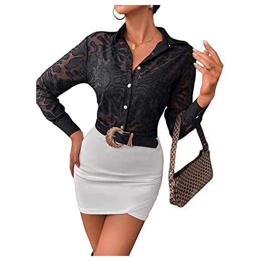 MakeMeChic Women's Floral Sheer Mesh Long Sleeve Button Down Shirt Blouse Top Black M