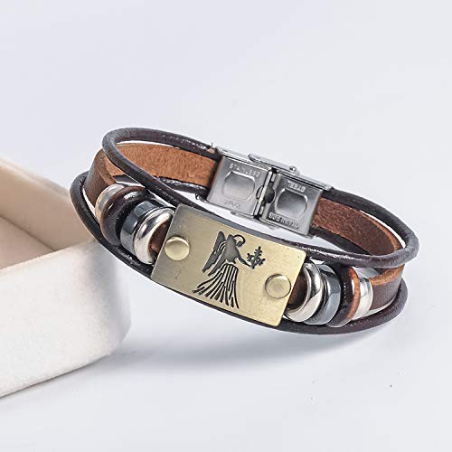 Image of Young & Forever Zodiac Sign Multi-Strand Genuine Leather Bracelet for Men & Boys - Adjustable Tribal Wristband with Antique Metal Charm