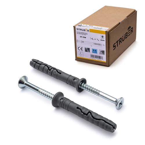 STRÜBER Nail Dowels with Countersunk Screws (6 x 60 mm / 200 Pieces) - Quick Fix - Impact Dowels with Pre-Mounted Screws - Expansion Studs with Nail Screws - Nail Anchors