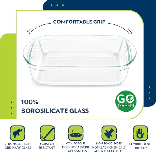 Image of Borosil Baking & Serving Dish with Handle | Square Bowl Container | Borosilicate Glass Bakeware and Serveware Casserole Dish Tray | Microwave, Oven & Dishwasher Safe | Transparent (1.6L)