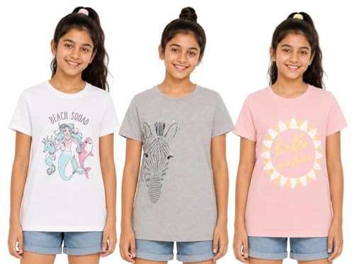 Image of Clotth Theory Girls Super Combed Cotton Regular Fit Round Neck Printed Short Sleeve Tshirt -Combo Pack of 3