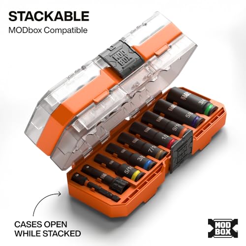 Image of Klein Tools 65109IMPCT KNECT Deep-Well 3 /8-Inch Drive Impact Socket Set, SAE, 9-Piece Tool Set with Impact Driver Adapter, Multi-Purpose Wrench Adapter, Color-Coded, MODbox Socket Organizer