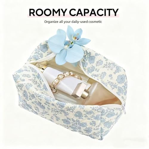 Image of Floral Quilted Makeup Bag - Cosmetic and Skincare Product Pouch, Fashionable Travel Puffy Coquette Makeup Bag, Small Cute Attractive Blue