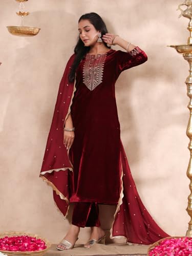 Image of ishin Women's Velvet Yoke Design Zari Maroon Straight Kurta Suit Set with Trousers & Dupatta