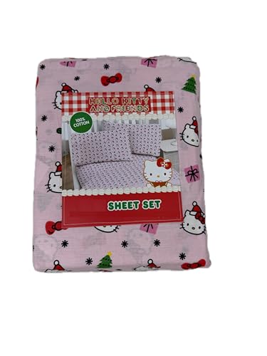 Jay Franco & Sons, Inc. Hello Kitty Christmas Cotton Sheet Set (Pink - Bows, Trees, Gifts, Queen)