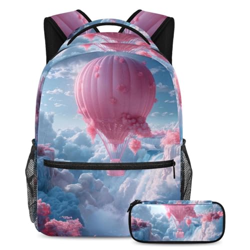 Sac à dos grand format motif montgolfière rose pour aller au collège