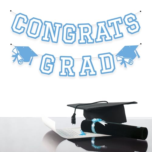 Image of Congrats Grad Banner Graduation Party Banner Decoration Hanging Garland High School College Backdrop Supplies Light Blue White