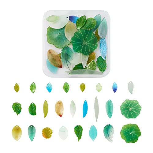 Craftdady 50Pcs Green Plastic Leaf Theme Charms Gradiant Vein Texture Lotus Leaves Charms Beads With Hole For Summer Spring DIY Jewellery Making