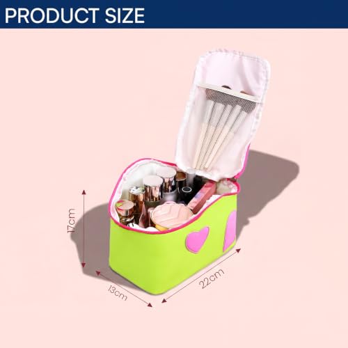 Image of House of Quirk Large Capacity Makeup Bag for Women, Portable Cosmetic Organizer, Water-Resistant Travel Toiletry Bag with Handle, Cute Heart Design, Zipper Vanity Storage Case (Green /Pink)