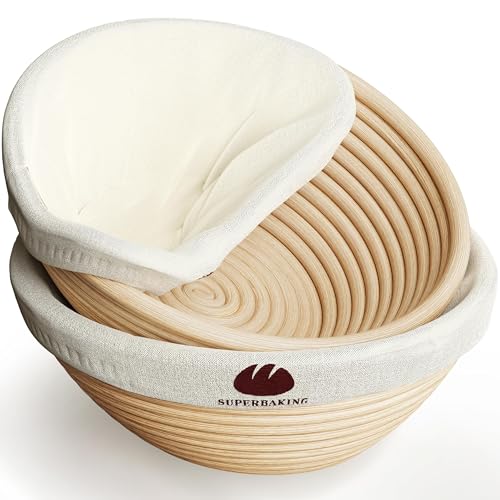 Superbaking 2 pcs Banneton Bread Proofing Basket, 9' Splinter-Free Round Rattan Bread Basket with Liners, Sourdough Starter Kit, Sourdough Bread Baking Supplies & Sourdough Kit, Bread Making Tools