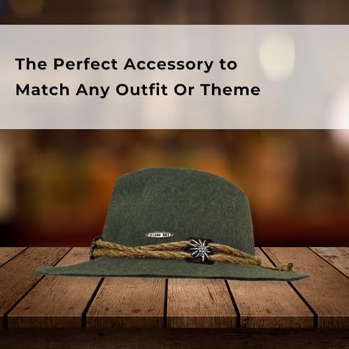 Image of German Oktoberfest Hat - 100% Wool Alpine Tyrolean Fedora with Edelweiss Pin & Rope - Charcoal Bavarian Hat for Men & Women
