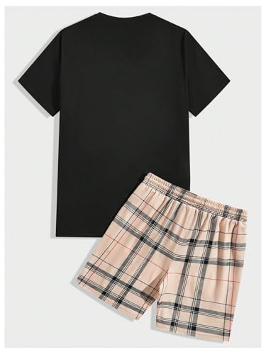 Men's Casual Outfits Short Sleeve Cartoon Bear T Shirt and Drawstring Plaid Shorts Tracksuits Set2