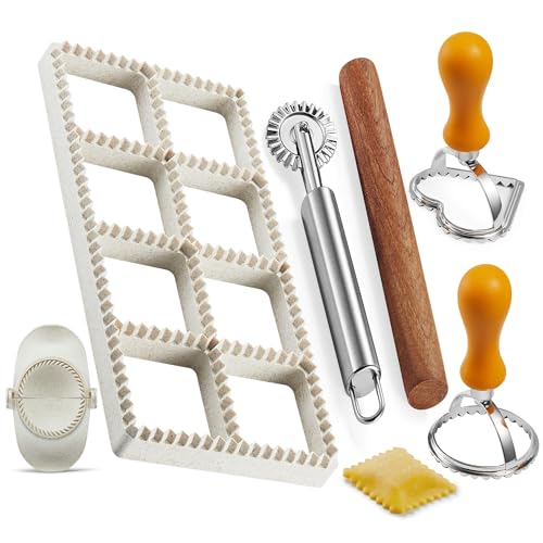 Ravioli Maker Press, Ravioli Stamp Maker - Heart Round Squares - 1.85\" Squares Ravioli Stamp Maker Cutter with Wood Rolling Pin, 2.6\" Empanada Maker Press Kit and Ravioli Wheel, Makes 8 Ravioli