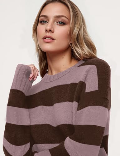 Oversized Striped Sweaters for Women Casual Crew Neck Long Sleeve Knit Tops Loose Color Block Jumpers Fall Sweater4