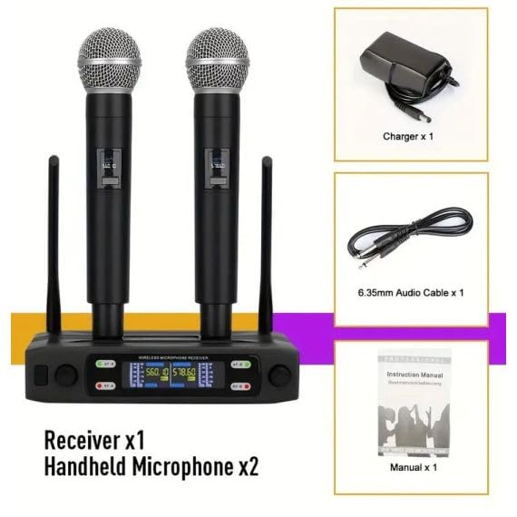 Microfoni dinamici professionali UHF wireless a doppio canale con base ricevente - Nero