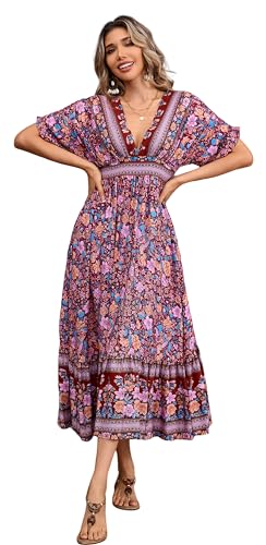 Robe florale bohème midi à col V plongeant et manches courtes avec poches