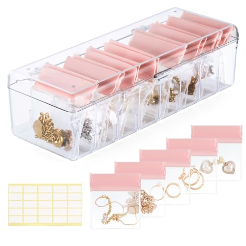 Emibele Joyero Acrílico Organizador, Caja de Almacenamiento de Joyería Transparente con 24 Bolsas de Joyería Portátiles Anti Deslustre, Organizador de Joyería de Encimera Collares Anillos Pendientes