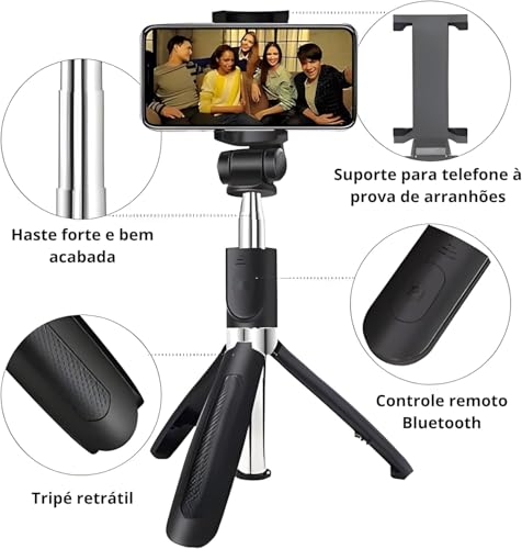 Bastão De Selfie Com Tripé Premium, Bluetooth, Retrátil, Com Controle Remoto E Luz LED, Compatível C