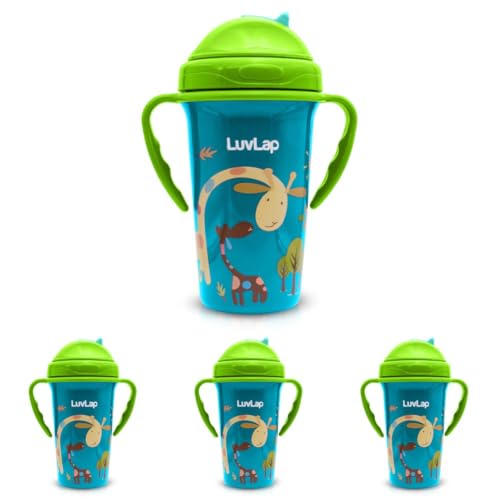 Image of LuvLap Tiny Giffy Sipper for Infant /Toddler & Kids 300ml, Anti-Spill Sippy Cup with Soft Silicone Straw BPA Free, 1 Year+ (Green) (Pack of 4)