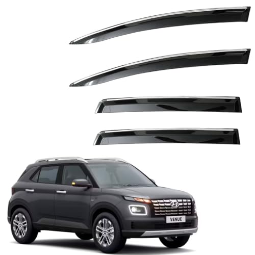 Image of CAR SAAZ Unbreakable Chrome Smoke Door Visor for Venue (2022-Present)| Premium Sun, Rain Wind Deflector Chrome Strip Side Door Rain Visor - Set of 4 Pcs