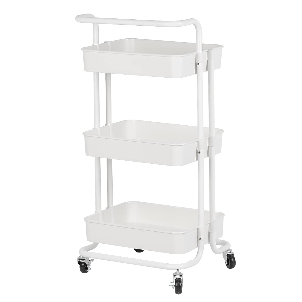 Carro móvil de 3 niveles, postre con ruedas, estante de almacenamiento, con asa, 2 frenos, cestas de acero al carbono pintado, montaje fácil, para dormitorio, cocina, color blanco