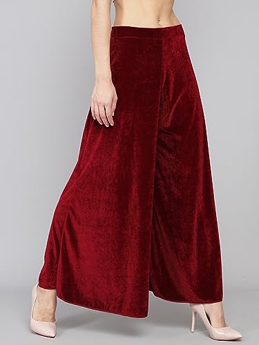 Image of Vaararo Party Trousers for Women | Shiny Velvet Fabric Wide Bottoms Stylish Palazzo Pants