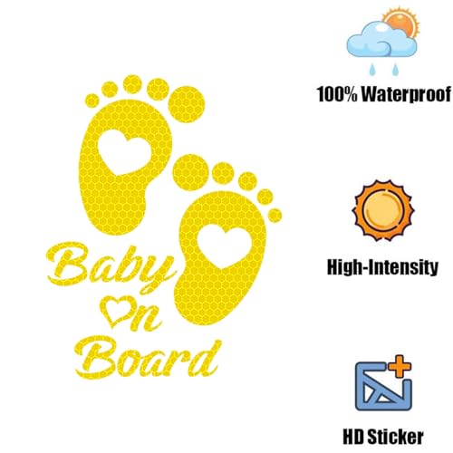 Image of 2PCS Baby On Board Sticker for Cars,Reflective Baby in Car Safety Sign Decal for Rear, Side Windows, Bumpers- Bright Yellow, Durable (Foot)