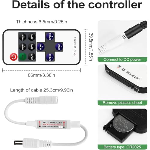 Image of Auslese Mini RF Remote LED Strip Controller for Single Color 5050 3528 2835 12V DC 12A 11 Key Wireless Dimmer for Home Kitchen Bedroom Living Room