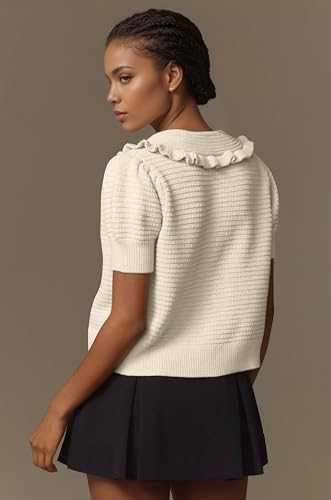 Women Ruffle Collar Short Sleeve Summer Cardigan Button Down Open Front Knitted Sweater Cute Ruffle Shirt Tops Beige2