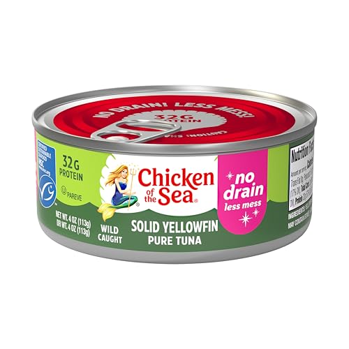 Image of Chicken of the Sea Solid Yellowfin Pure Tuna, 4 oz. Cans (Pack of 24), Wild Caught Canned Tuna, No Drain
