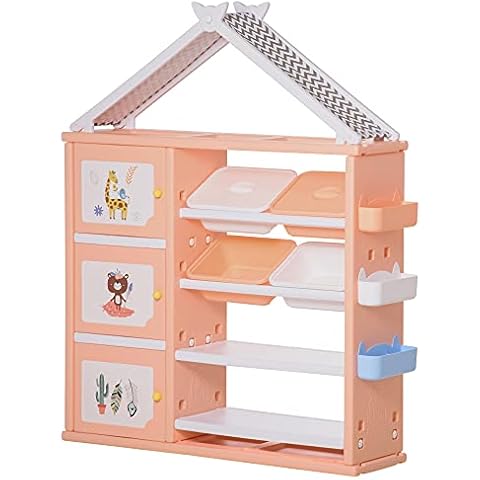 HOMCOM Estantería Infantil de Juguetes con Armario Estantes 4 Cajas y 3 Cestas Naranja Pastel Cover