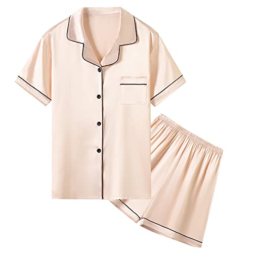 Image of Umeyda Women & Girls Pajamas Set, 2 Piece PJS Satin Silk Sleepwear Button-Down Top with Shorts for Mom Kids Gifts