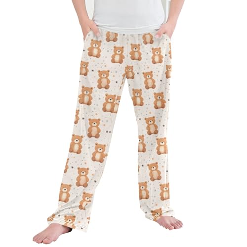 Cute Bear Star Long Pajama Pants Elastic Waist PJ Bottoms with Pockets S A112972
