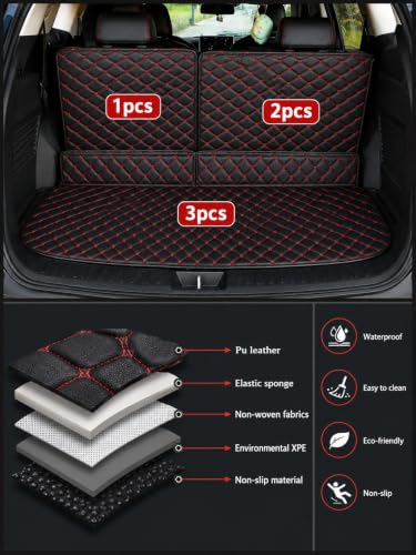 Image of Premium 7D Boot /Trunk Mats Compatible for X-Trail 7 Seater 2026||Luxury Leather Double Layered mats||Complete Set ||100% Waterproof and Washable (Black with Red)
