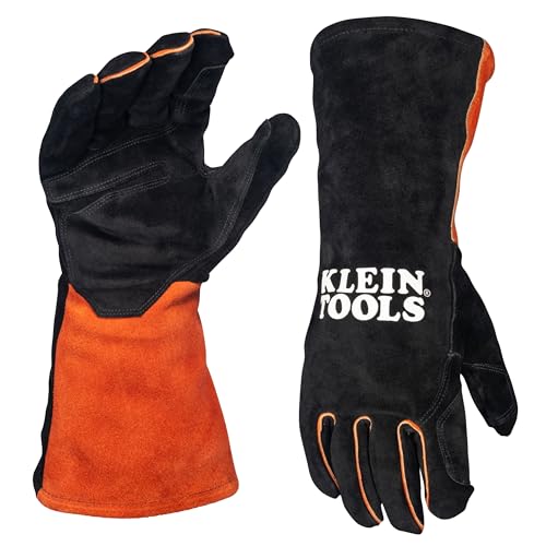 Product Image of the KLEIN TOOLS MIG Welding Gloves, Split Cowhide Leather, Flame-Resistant Fleece Liner, Reinforced Palm, Thumb, and Index Finger, Kevlar Aramid Stitching