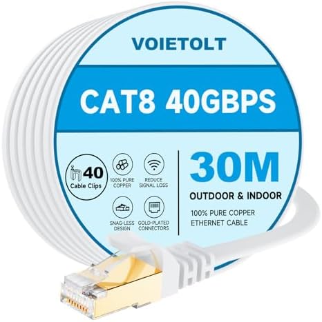 VOIETOLT Cat8 Lan Kabel 30M mit Clips, 40Gbps/2000MHz Flach Schirmung Hochgeschwindigkeit Netzwerkkabel, STP RJ45 Gigabit Cat-8 Ethernet Kabel für PS4/5, für Modem, für Router (wei