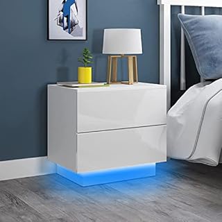 Dripex Bedside Table with 2 Drawers Cream High Gloss Front Drawer Side Table with RGB Strip Light Bedside Cabinet for Bedroom Living Room 55x37x50cm (White&Cream)