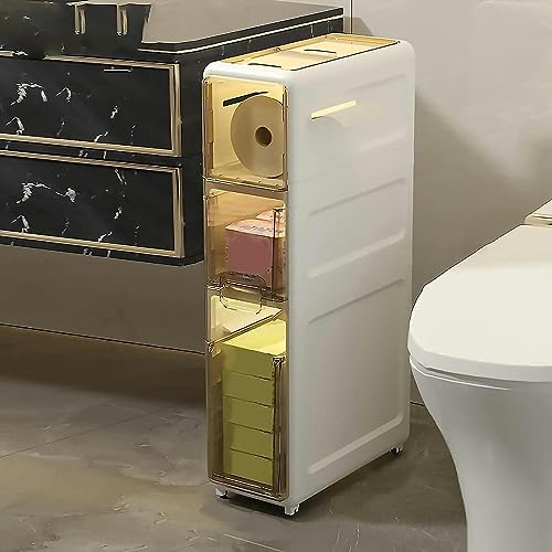 Cajones de almacenamiento apilables de 3 niveles con ruedas, alto y estrecho, gabinete de esquina para baño con cajones transparentes, gran capacidad, gabinete organizador de cosméticos de plástico