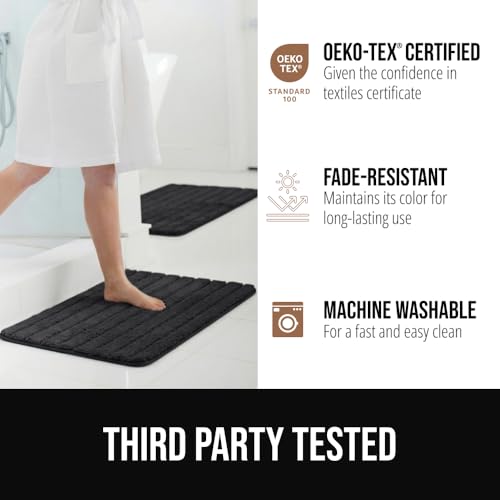 Image of GORILLA GRIP Memory Foam Bathroom Rugs, Soft Absorbent Textured Rubber Backing Striped Bath Mat, Set of 2 Machine Washable Quick Dry Floor Mats, Shower Rugs Home Accessories, Black 24x16 and 30x18