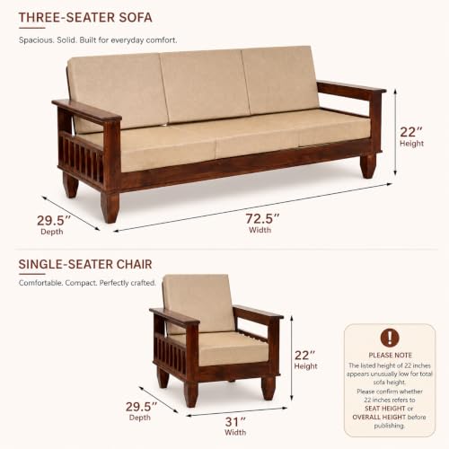 Image of Furniture Solid Sheesham 5 Seater Wooden Sofa for Living Room with Cushion|Solid Wood 5-Person Sofa Set /Couch 3+1+1 for Bedroom,Home,Office & Lounge| Walnut Brown Finish
