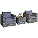 COSTWAY 3 TLG. Polyrattan Set Rattanmöbel, Rattan Sitzgarnitur mit Tisch aus Glas und waschbarem Sitzkissen, Garten Sitzgruppe, Balkonset Lounge für Indoor Outdoor, Grau