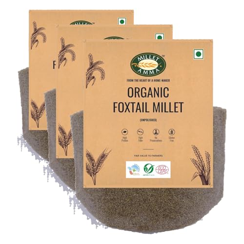 Image of Millet Amma Unpolished CERTIFIED ORGANIC Foxtail Millet Grains | 1 Kg (Pack of 3)| (korralu | Korra | Thinai | Kaon | Kang | Kangni | Kakum | Navani ) | Rich in Fibre Than Rice & Dietary fibre , Good Diabetic Food, Low GI , Gluten free