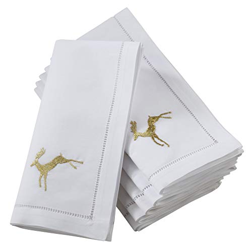 Handmade Gold Reindeer Embroidery Napkin with Hemstitched Border (Set of 6)